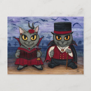 Vampire Cat Couple Gothic Cemetery Fantasy Art Pos Postcard