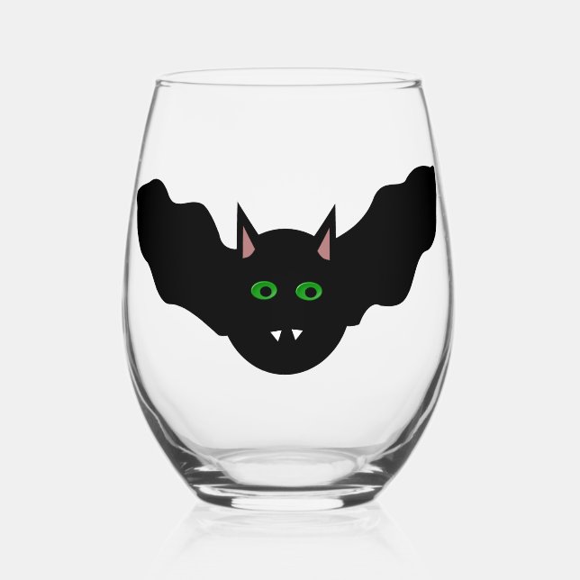 Vampire Cat Faced Bat Halloween Stemless Wine Glass (Front)