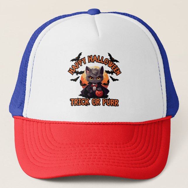 Vampire Cat Halloween Pumpkin Bat Spooky Festive F Trucker Hat (Front)