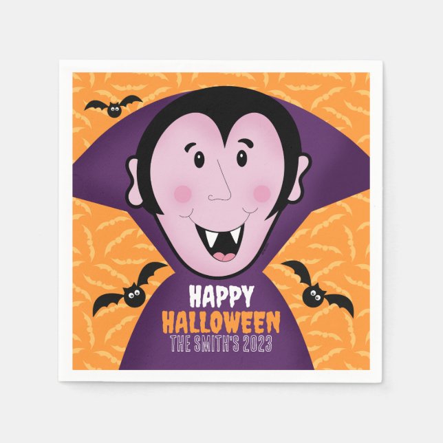 Vampire Dracula Bats Kids Cute Happy Halloween  Napkin (Front)