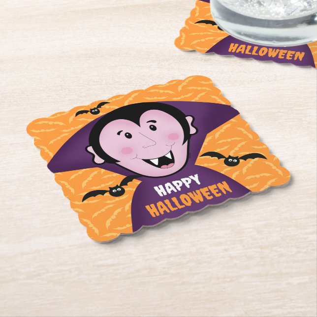 Vampire Dracula Bats Kids Cute Happy Halloween  Paper Coaster (Angled)