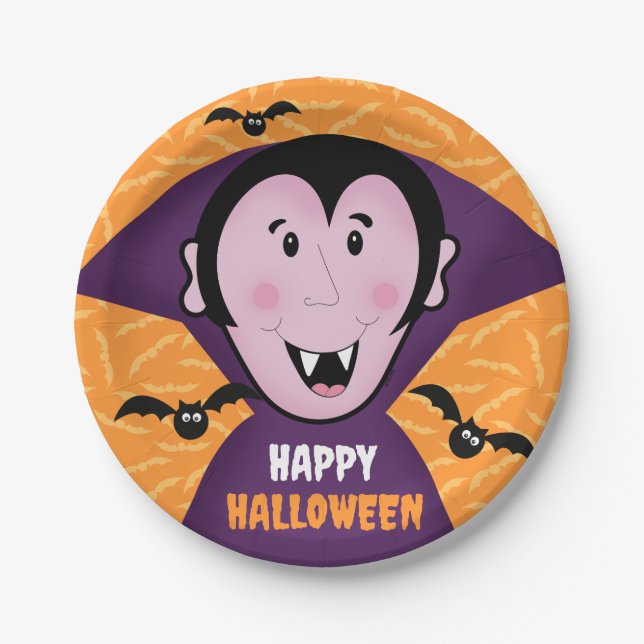 Vampire Dracula Bats Kids Cute Happy Halloween  Paper Plate (Front)