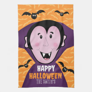 Vampire Dracula Bats Kids Cute Happy Halloween  Tea Towel