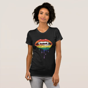 Vampire Fangs Dripping Rainbow Lips Edgy Pop Art T-Shirt