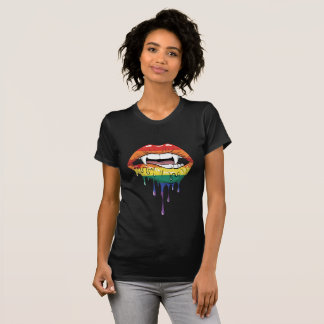 Vampire Fangs Dripping Rainbow Lips | Edgy Pop Art T-Shirt