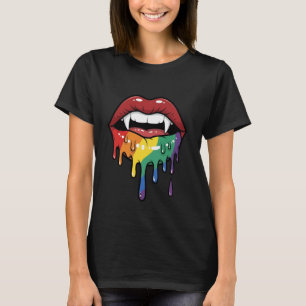 Vampire Fangs Dripping Rainbow Lips   Edgy Pop Art T-Shirt