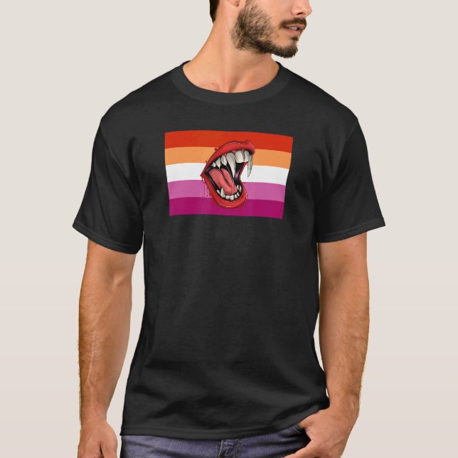 Vampire Fangs Teeth Lesbian Pride Flag Halloween P T-Shirt (Front)