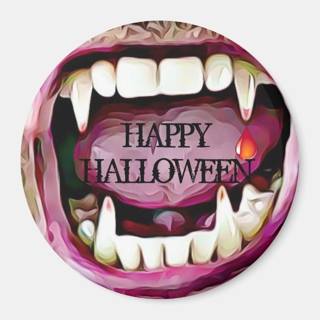 Vampire Fangs with Blood Drop Halloween Button Magnet (Front)