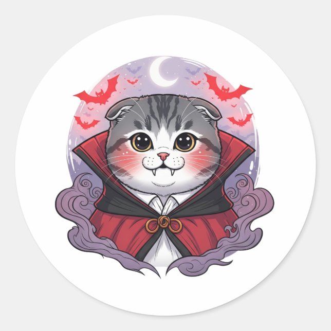 Vampire Fold – Cute Scottish Fold Vampire Cat Hall Classic Round Sticker (Front)