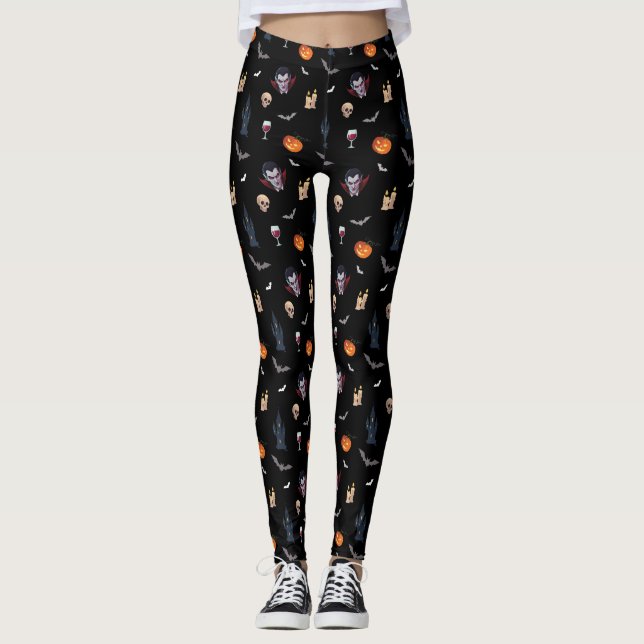 🦇 Vampire Gothic Halloween Leggings 🎃 Black  🖤 (Front)