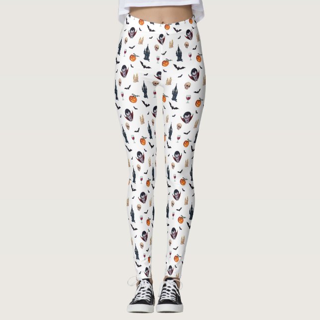 🦇 Vampire Gothic Halloween Leggings 🎃 white 🖤 (Front)
