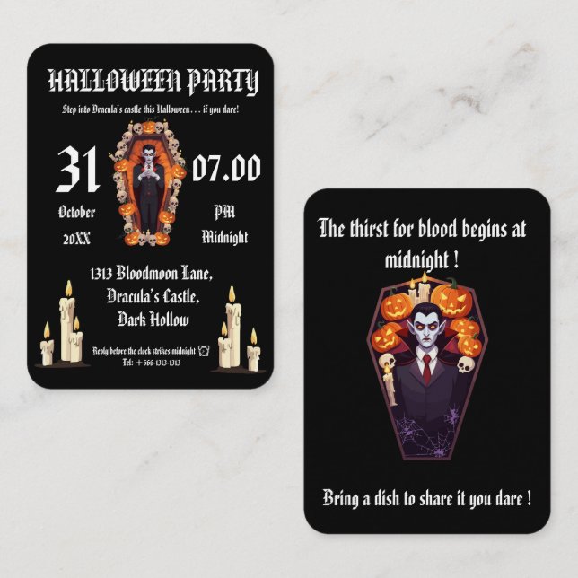  Vampire 🖤 halloween party- Black Invitation card (Front/Back)