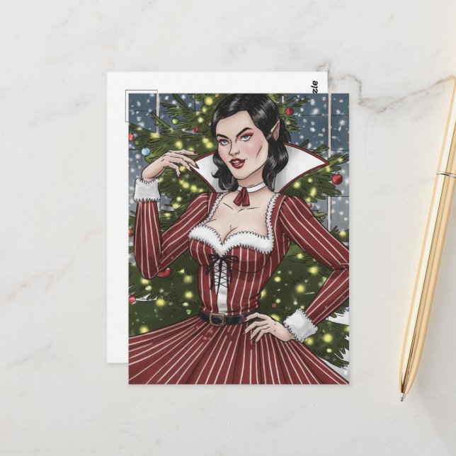 Vampire Lady in Red Dress With Stripes Christmas Postcard (Front/Back In Situ)