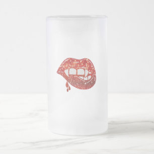 Vampire Lips in Faux Glitter with Dripping Blood Frosted Glass Beer Mug