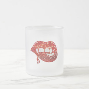 Vampire Lips in Faux Glitter with Dripping Blood Frosted Glass Coffee Mug