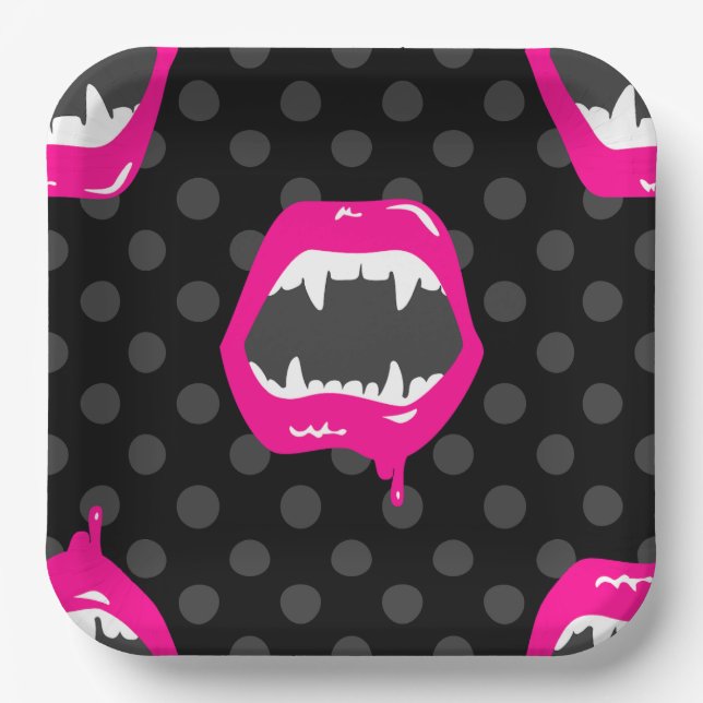 vampire lips monster fanged creature pink paper plate (Front)