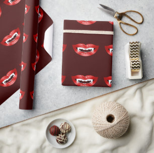 Vampire Mouths Pattern On Burgundy Red Halloween Wrapping Paper