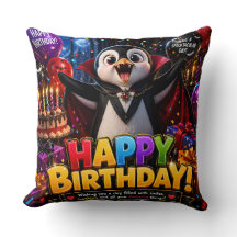 Vampire penguin happy birthday cushion