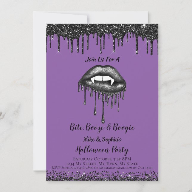 Vampire Purple glitter lips adult Halloween party  Invitation (Front)