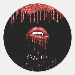 Vampire Red Glitter Drip Lips Halloween Black Classic Round Sticker