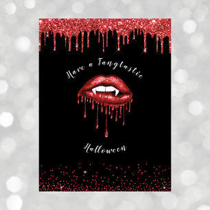 Vampire Red Glitter Lips & Fangs Halloween Black Holiday Postcard