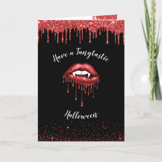 Vampire red glitter lips & fangs Halloween Holiday Card