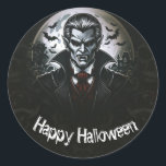 Vampire & Skulls Halloween Party Classic Round Sticker<br><div class="desc">customise with any text.</div>