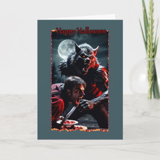 Vampire & Werewolf Fight Over Pie Halloween Card