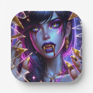 Vampire with Gold Eyes and Teeth Halloween Paper Plate