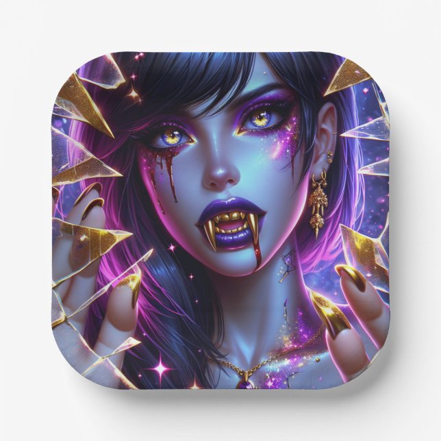 Vampire with Gold Eyes and Teeth Halloween Paper Plate (Front)