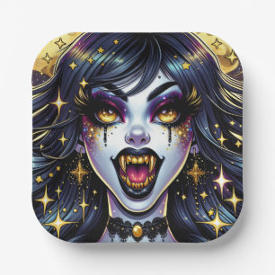 Vampire with Gold Fangs Full Moon Halloween Party Paper Plate