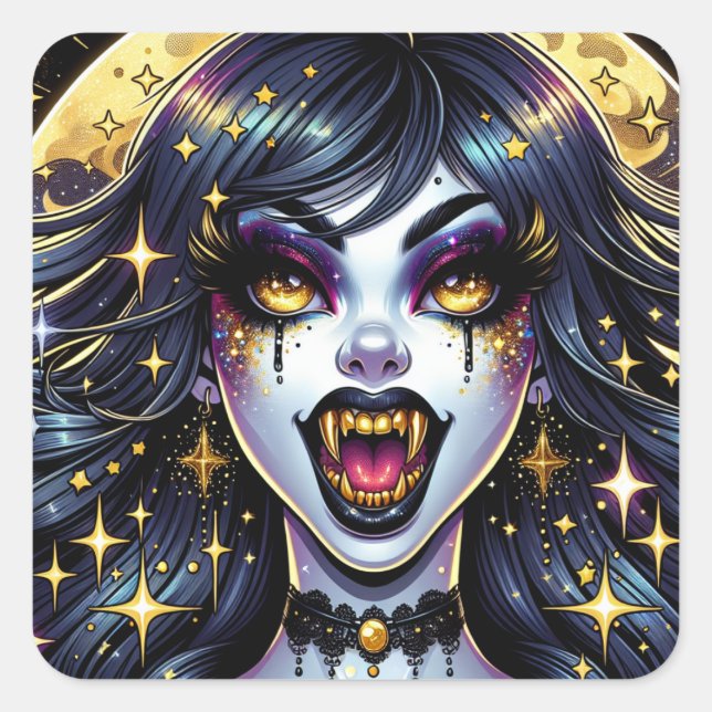 Vampire with Gold Fangs Full Moon Halloween Party Square Sticker (Front)