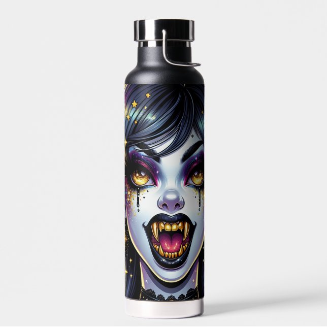 Vampire with Gold Fangs Full Moon Halloween Party Water Bottle (Left)