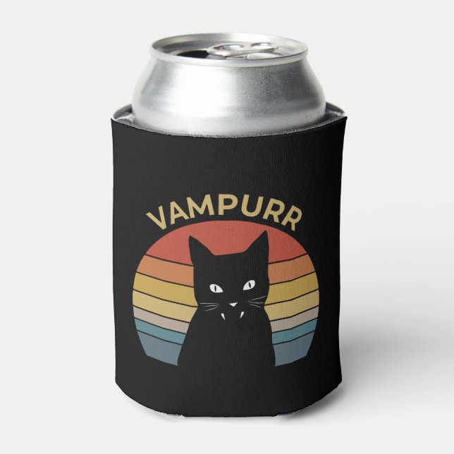 Vampurr funny vampire cat retro sunset Halloween Can Cooler (Can Front)