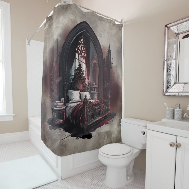 Vampy Boudoir | Gothic Red Victorian Bedroom Suite Shower Curtain (In Situ)