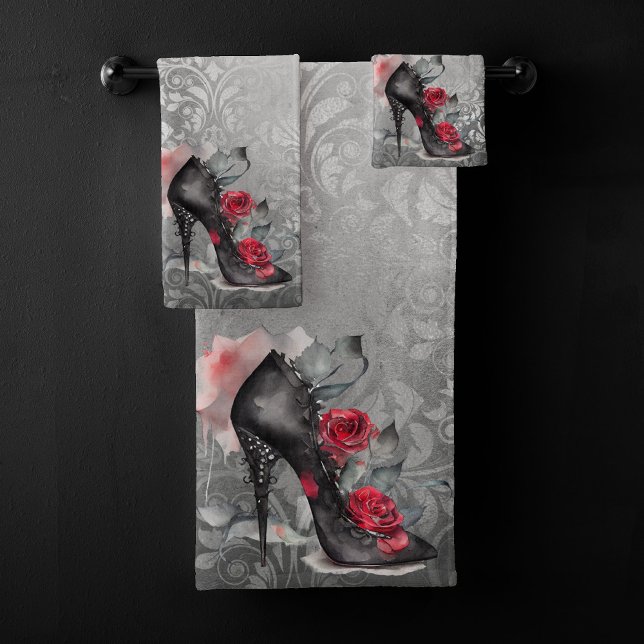 Vampy Spiked Stiletto | Red Rose High Heel Grunge Bath Towel Set (Creator Uploaded)