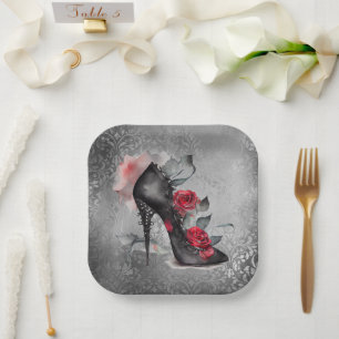Vampy Spiked Stiletto   Red Rose High Heel Grunge Paper Plate