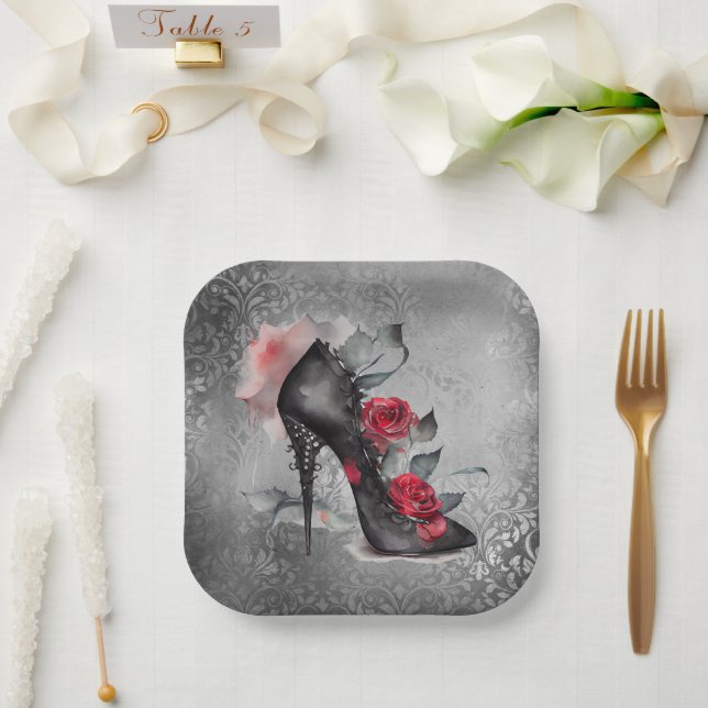 Vampy Spiked Stiletto | Red Rose High Heel Grunge Paper Plate (Wedding)