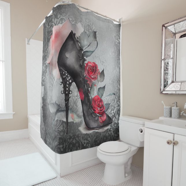 Vampy Spiked Stiletto | Red Rose High Heel Grunge Shower Curtain (In Situ)