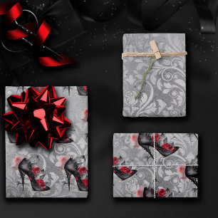 Vampy Spiked Stiletto   Red Rose High Heel Grunge Wrapping Paper Sheet