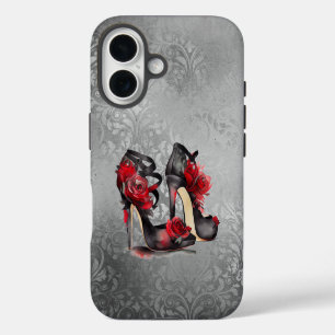 Vampy Strappy Stilettos Red Rose Heels on Grunge iPhone 16 Case