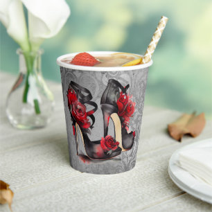 Vampy Strappy Stilettos   Red Rose Heels on Grunge Paper Cups