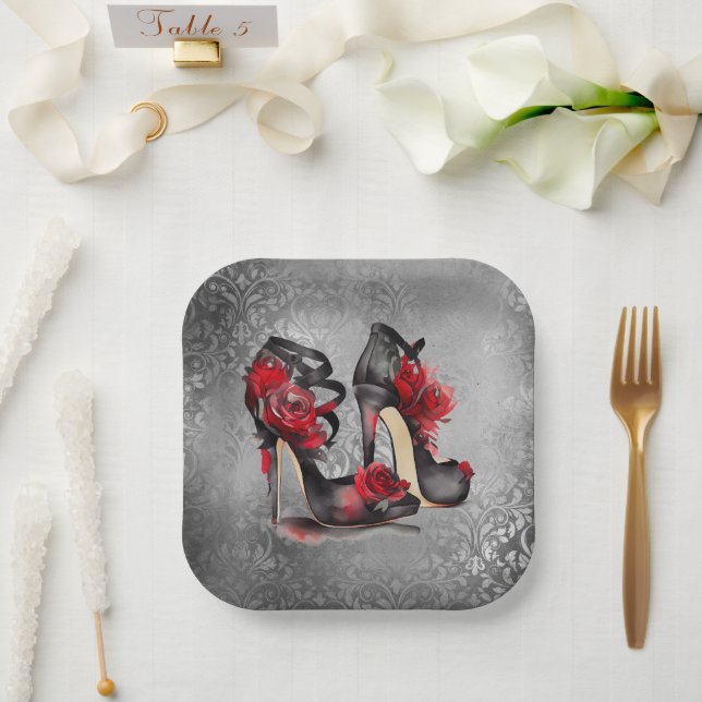 Vampy Strappy Stilettos | Red Rose Heels on Grunge Paper Plate (Wedding)