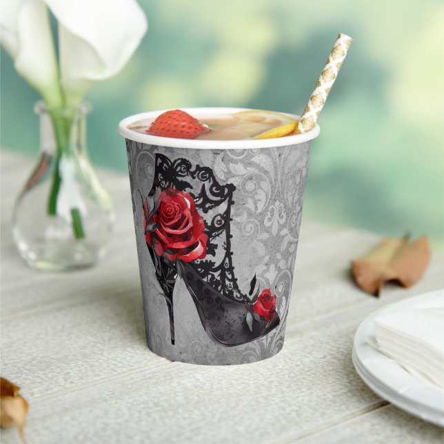 Vampy Vogue Grunge | Stiletto Lace Bootie Roses Paper Cups (Insitu)