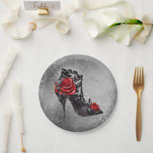 Vampy Vogue Grunge   Stiletto Lace Bootie Roses Paper Plate