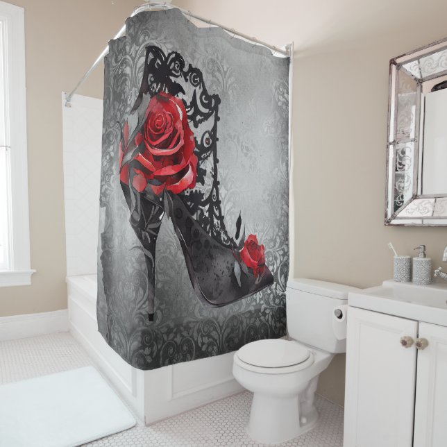 Vampy Vogue Grunge | Stiletto Lace Bootie Roses Shower Curtain (In Situ)