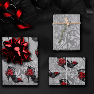 Vampy Vogue Grunge   Stiletto Lace Bootie Roses Wrapping Paper Sheet