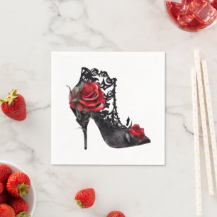 Vampy Vogue   Stiletto Lace Bootie and Red Roses Napkin