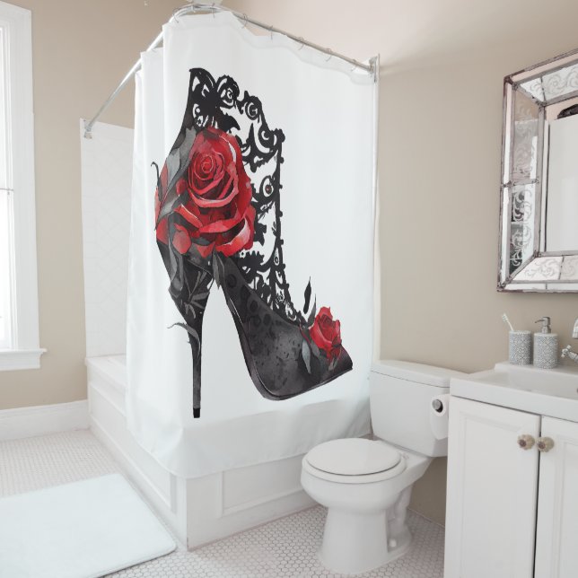 Vampy Vogue | Stiletto Lace Bootie and Red Roses Shower Curtain (In Situ)