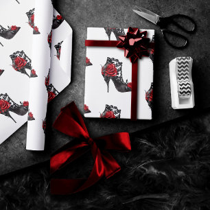 Vampy Vogue   Stiletto Lace Bootie and Red Roses Wrapping Paper